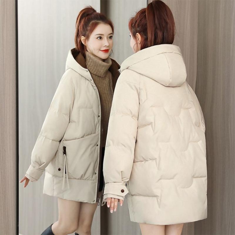 Women's Mid-length Down Jacket Winter Korean Loose Cotton Clothes Casual Hooded Padded Jacket