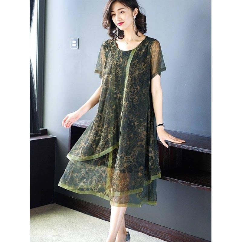 Retro Mesh Stitching Dress Women's Loose Large Size Mid-length Summer Chiffon Skirt