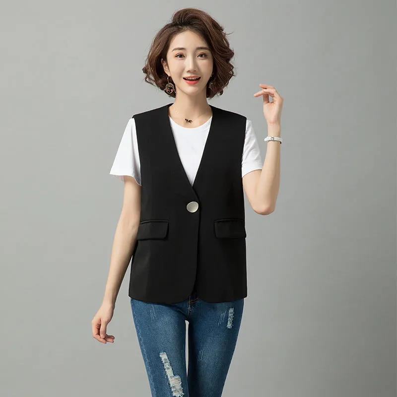 Women's Thin Suit Waistcoat Sleeveless Jacket Ladies Casual Single Button V-neck Short Suit Jacket Straight Vest Women's Suit Vest