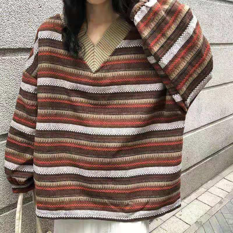 Pofulove Korean Striped Lantern Sleeve Sweater Women Loose Thin Long Sleeve Mid-length Student