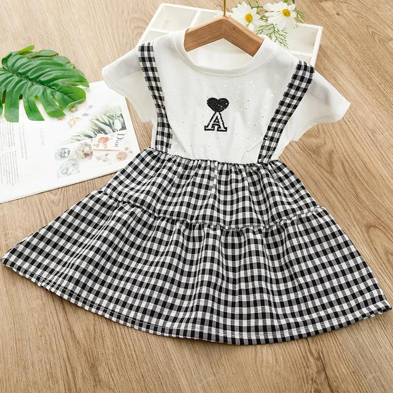 Girls Dress Short-sleeved Stitching Plaid Skirt Children's Highlights Fake Two-piece Princess Dress