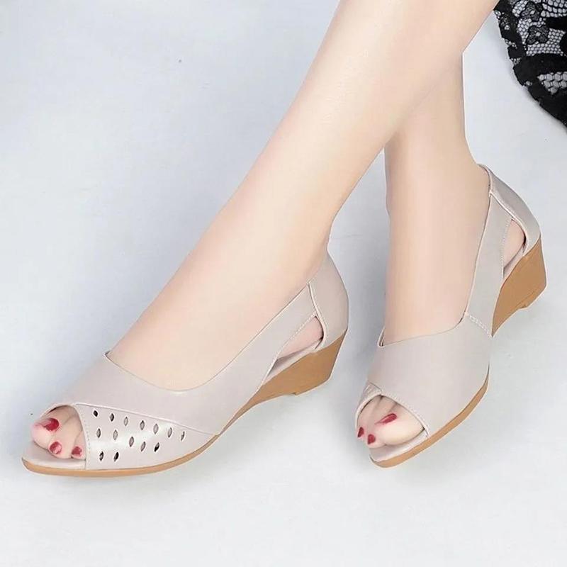 Real Soft Leather Sandals Women Summer Tendon Sole Wedge Sandals Soft Sole Comfortable New Fish Mouth Women's Shoes