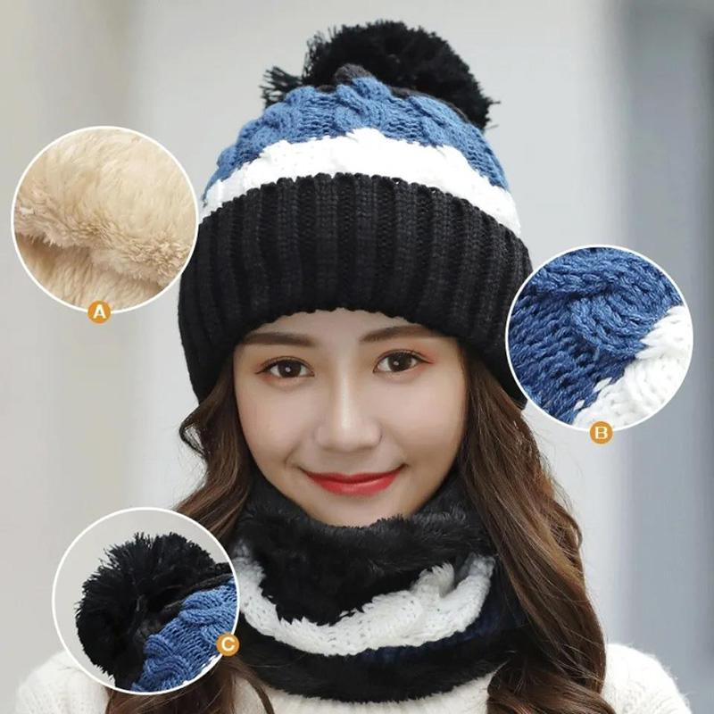 Women's Winter Knitted Hat Korean Style Woolen Cap Plus Velvet Fur Ball Warm Hat Cotton Cap Cycling Cold Proof Cap with Scarf Neck Protection