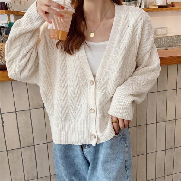 Autumn and Winter V-neck Knitted Sweater Cardigan Loose Short Top Long Sleeve Casual Women's Jacket