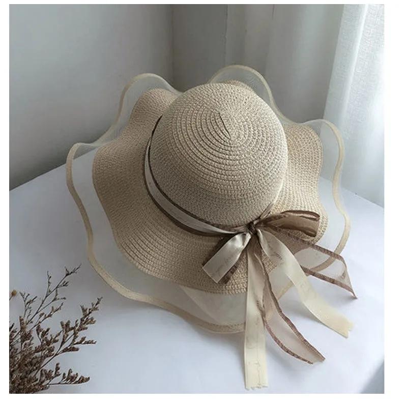 Women's Summer Bow Mesh Straw Hat Transparent Beach Vacation Sun Cap Sunscreen Anti-UV Wide Brim Cool Hat Sun Hat