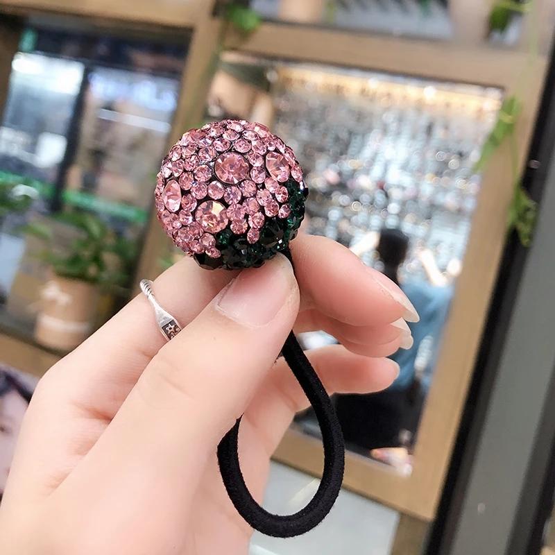 Girl Inlaid Drill Rope Korean Strawberry Double Ball Drill Ball Rubber Band High-end Elegant Large Drill Ball Tie Head Rope Ponytail Tie Rope