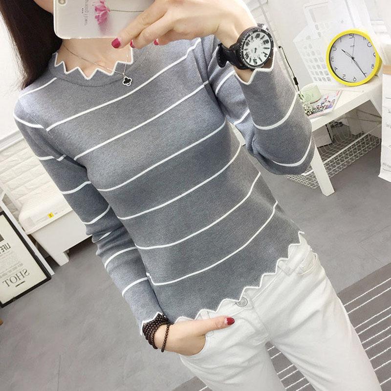 Autumn and Winter All-match Sweater Slim Short Bottoming Shirt Striped Pattern Young Women's Top