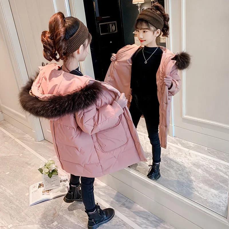 Girls' Thick Warm Cotton-padded Jacket with Large Fur Collar Winter Mid-length Windproof Hooded Jacket