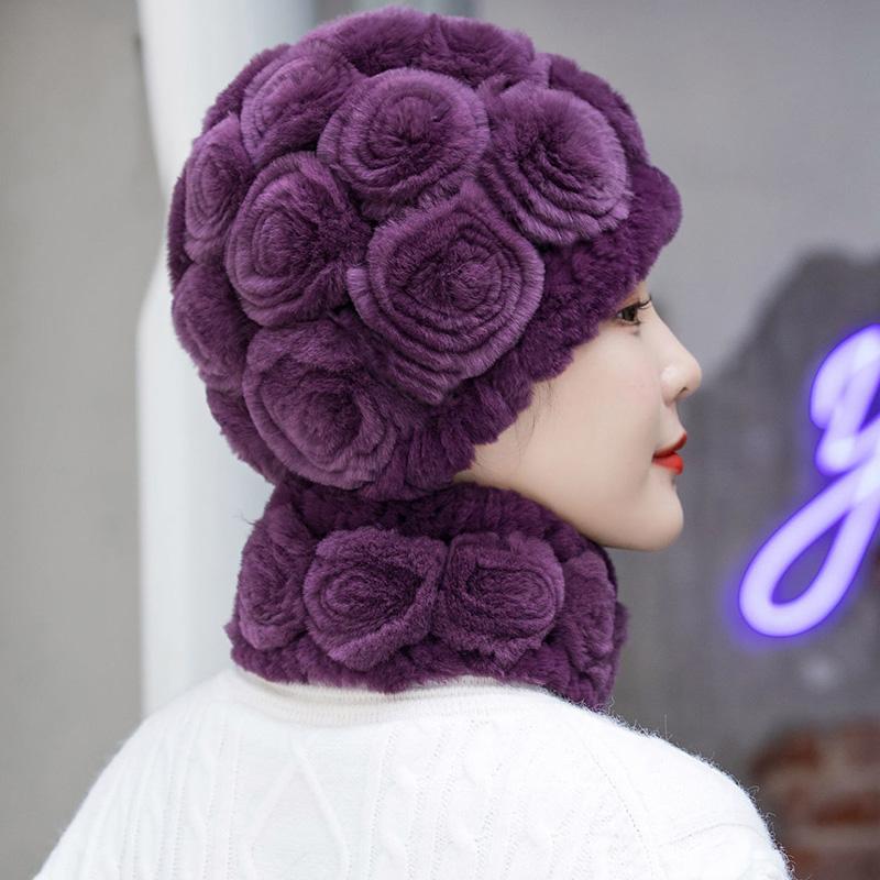 Women's Vintage Rex Rabbit Fur Floral Hat Scarf Set Warm Floral Vintage Autumn Winter Fur Hat All-match Ear Protection Hat Knitted Fur Caps Scarf Set