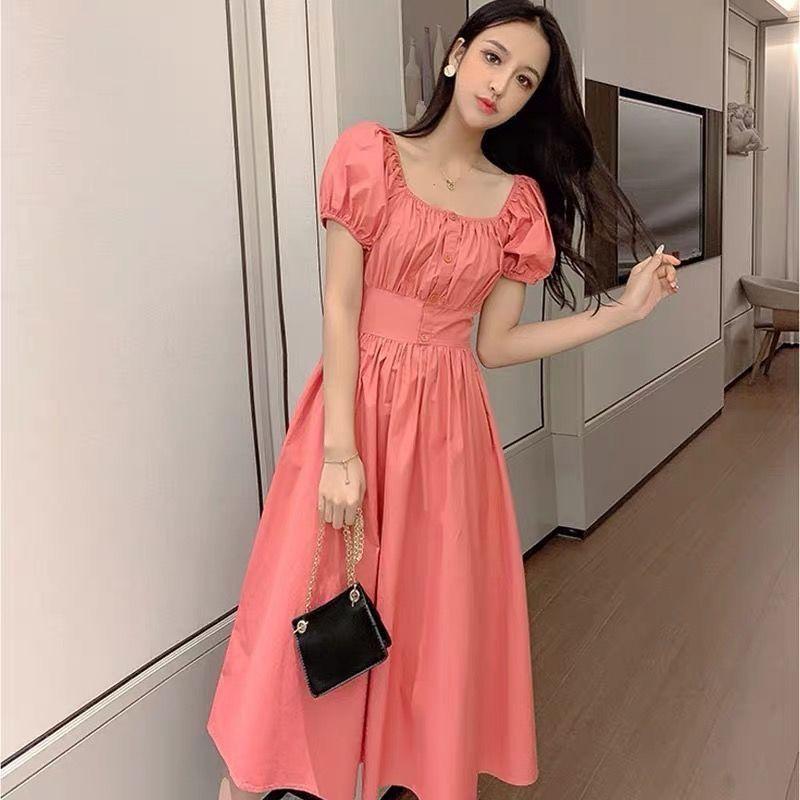 One-line Collar Strapless Dress Summer Sweet Temperament Small Fresh Mid-length A-line Skirt Waist Was Thin and Elegant Temperament Retro Style