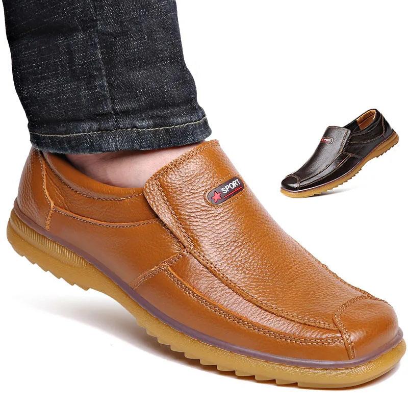 Men's Shoes Genuine Leather Tendon Sole Leather Shoes Spring Men's Casual Shoes Leather Handmade Shoes Middle-aged and Elderly Dad Shoes