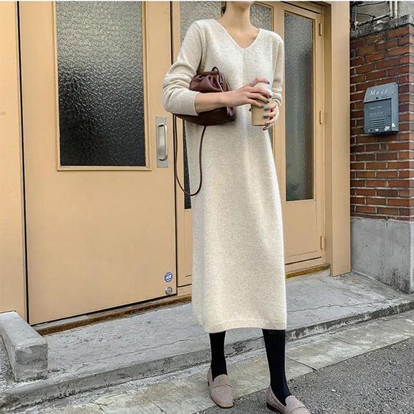 Autumn and Winter Long Sweater Skirt Over The Knee All-match Women's Pullover Long Sleeve Loose Large Size Sweater