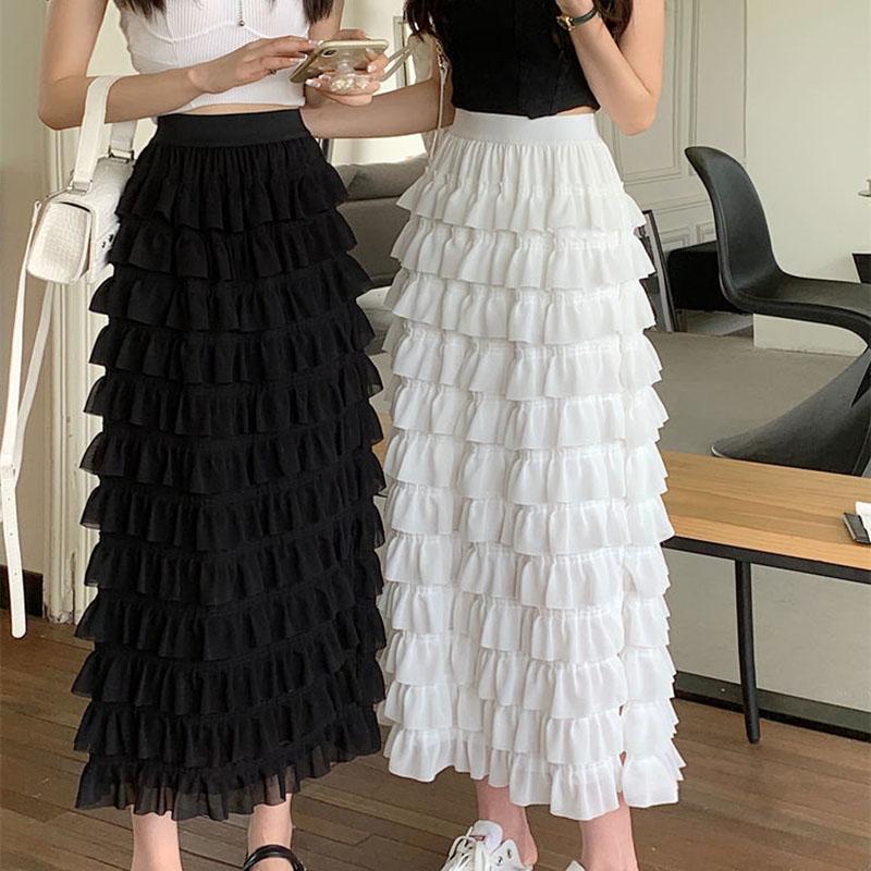 Women Tiered Skirts Summer Elegant Chiffon A-line Layered Skirt Female Elastic High Waist Preppy Style Dancing Long Skirts