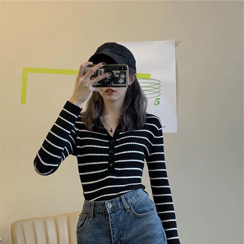 Spring and Autumn Slim Coat Striped Pattern Knitted Sweater Simple Female Female Top