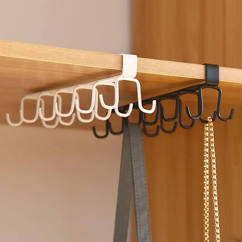 Mug Holder Coffee Cup Rack Towel Hooks Kitchen Hanging Shelf Organizer Double Row Rack Kitchen Cabinets Organization Coat Rack Shovel Mount Hook Rails