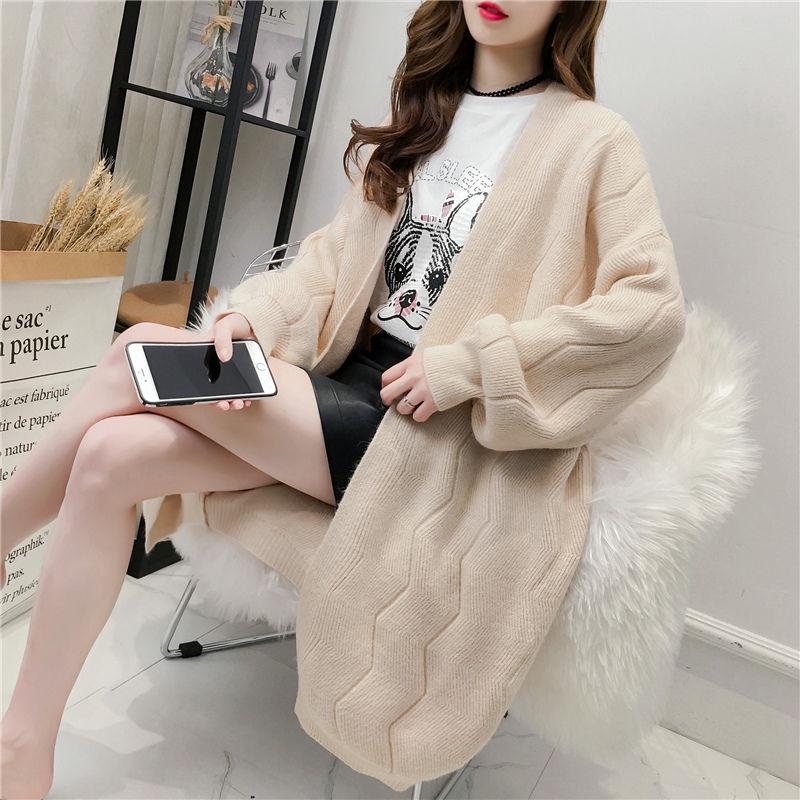 Spring and Autumn Knitted Cardigan Fashion Mid-length Coat Loose Wild Long-sleeved Sweater