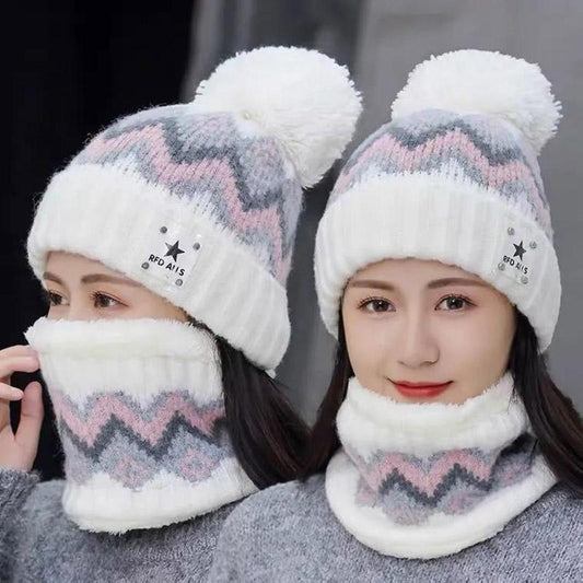 Winter Hat Bib Suit Plus Velvet Thick Warm Knitted Wool Hat Outdoor Windproof Mask Bib One for Women