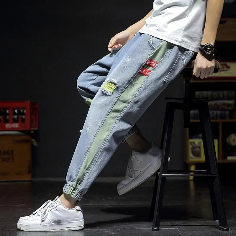 Ripped 9-point Jeans Men's Summer Leggings Pants Trendy Brand Loose Feet Pants Trendy Nine-point Pants