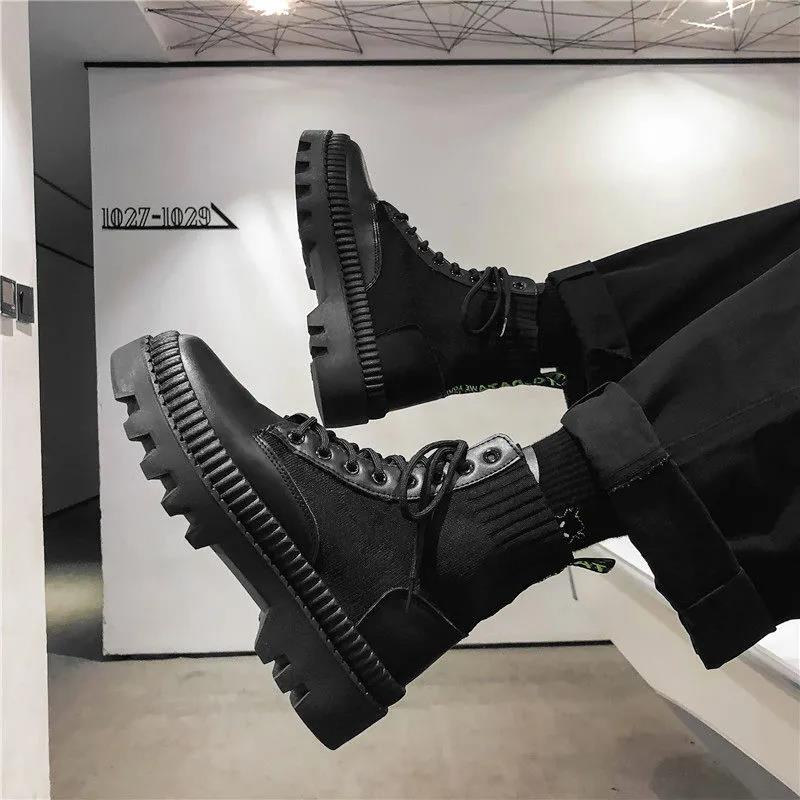 Black Thick-soled Increased Martin Boots Men's Spring High-top Shoes Men's Korean Version of All-match Boots