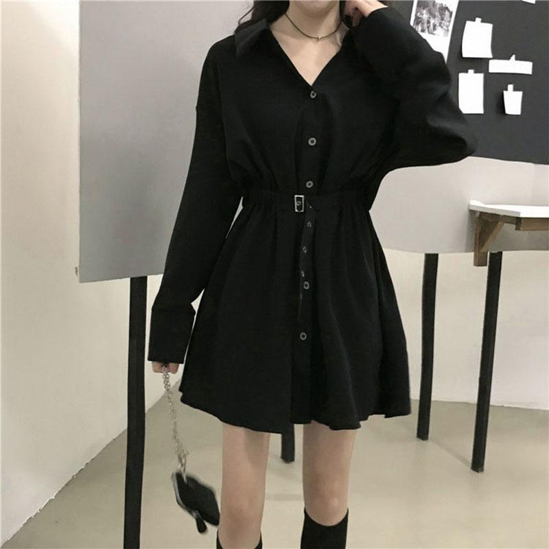 Spring and Autumn Clothing Lightly Cooked Hepburn Style Design Sense Small Black Skirt Waist Slimming Long-sleeved Dress Women