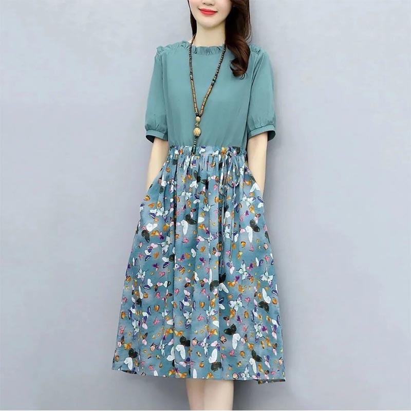 Cotton and Linen Floral Stitching Dress Women's Waist Slimming Temperament Age-reducing Large Size Mid-length A-line Skirt