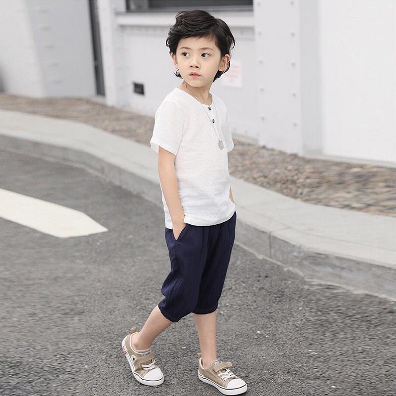 Children's  Short-sleeved Two-piece Boys Summer Cotton and Linen Suit Small and Medium Children