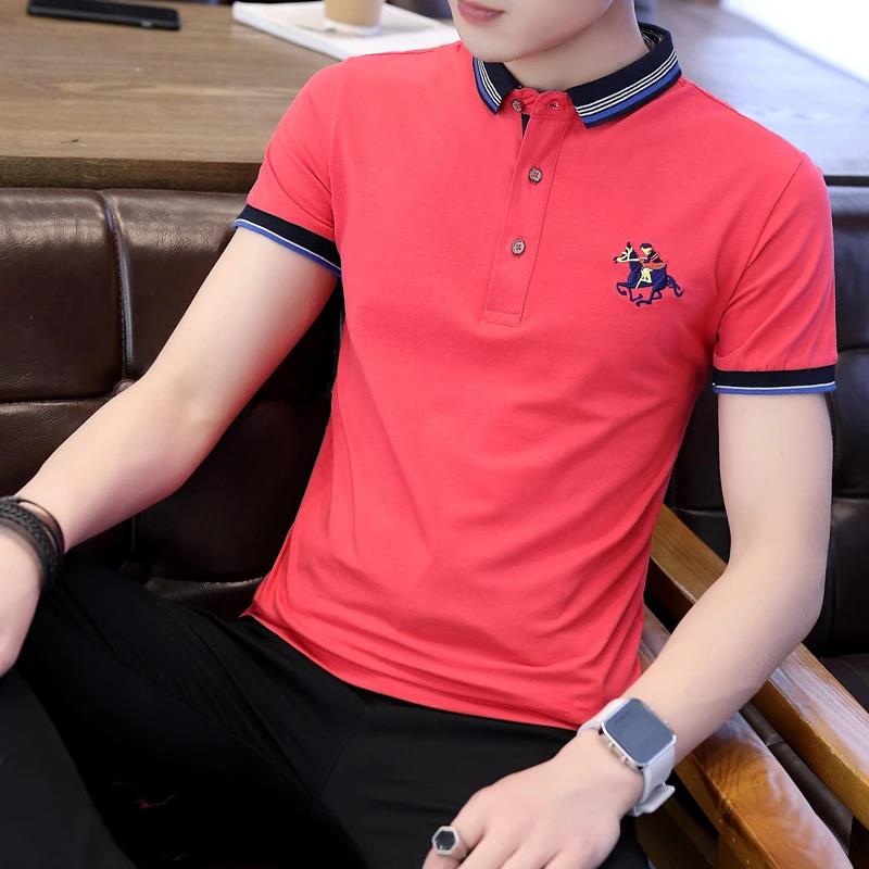 Summer Cotton Men's Shirt Short-sleeved T-shirt Lapel Half-sleeved Youth Self-cultivation Base Stripe Plus Size Trend