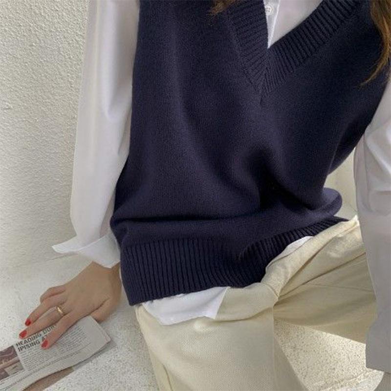 Sweater Vest Women V-neck Solid Simple Slim All-match Casual Korean Style Teenssleeveless Sweaters