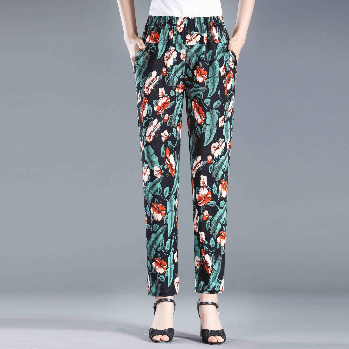 Women's Loose Printed Summer Casual Pants Large Size Straight Pants Thin Breathable Vintage Cropped Pants