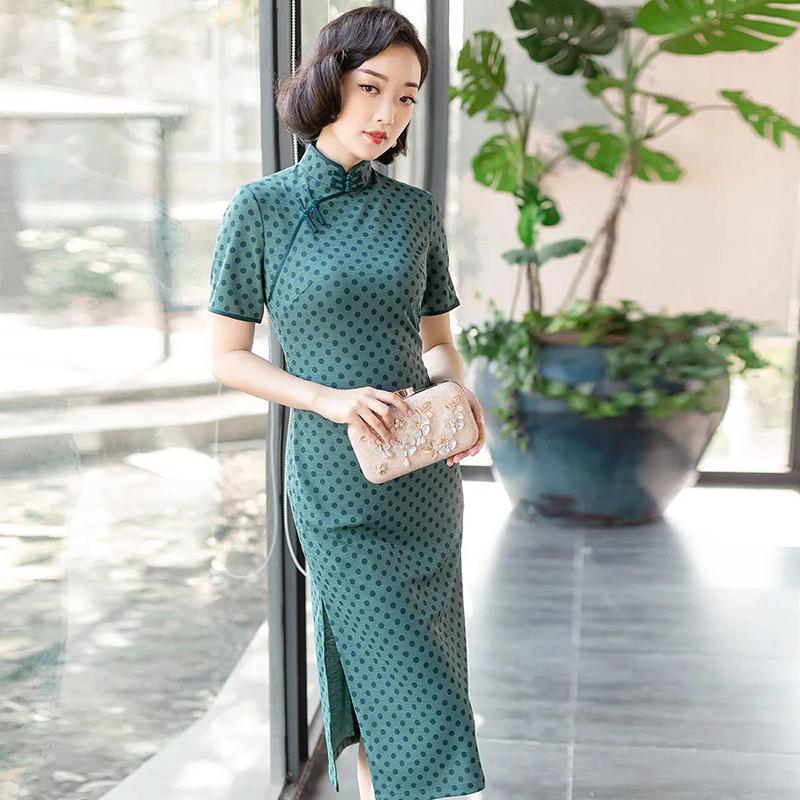 High-end Daily Cheongsam Dress Spring and Summer Knitting Improved Cheongsam Dress Mid-length Temperament Mother