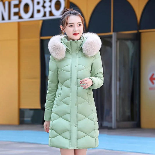 Winter Women's Down Jacket Solid Color Hooded Big Fur Collar Cotton Jacket Mid-length Korean Version of Slim and Thick Warm Down Jacket