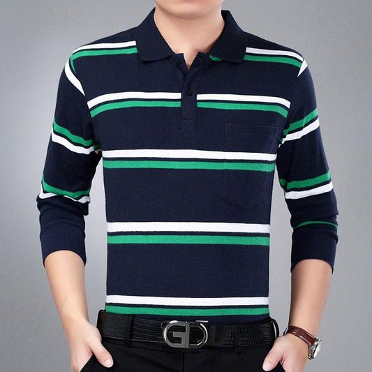 Men's Long-sleeved POLO Shirt Autumn Business Men's Middle-aged and Elderly Large Size Striped T-shirt Lapel Top