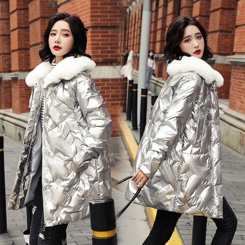 Fashion Trend Bright Face Down Winter Fur Collar Female Mid-length Korean Style Loose and Thin Padded Jacket