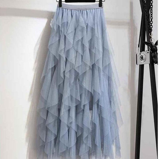 Fashion  Summer Skirt Set Printed Short-sleeve T-shirt Tulle Skirt Two-piece Irregular Long Skirt