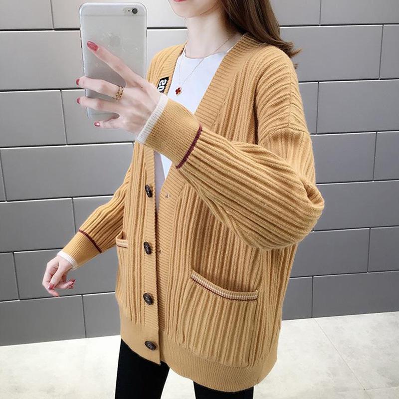 Autumn and Winter Models Loose and Thin Ladies Sweater Coat Loose Women Trendy Fashion Wild V-neck Long-sleeved Sweater Women Cardigan