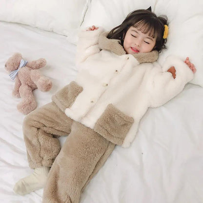 Children's Thickened Coral Velvet Home Clothes Winter Boys and Girls Bear Lovely Flannel Warm Pajamas Set