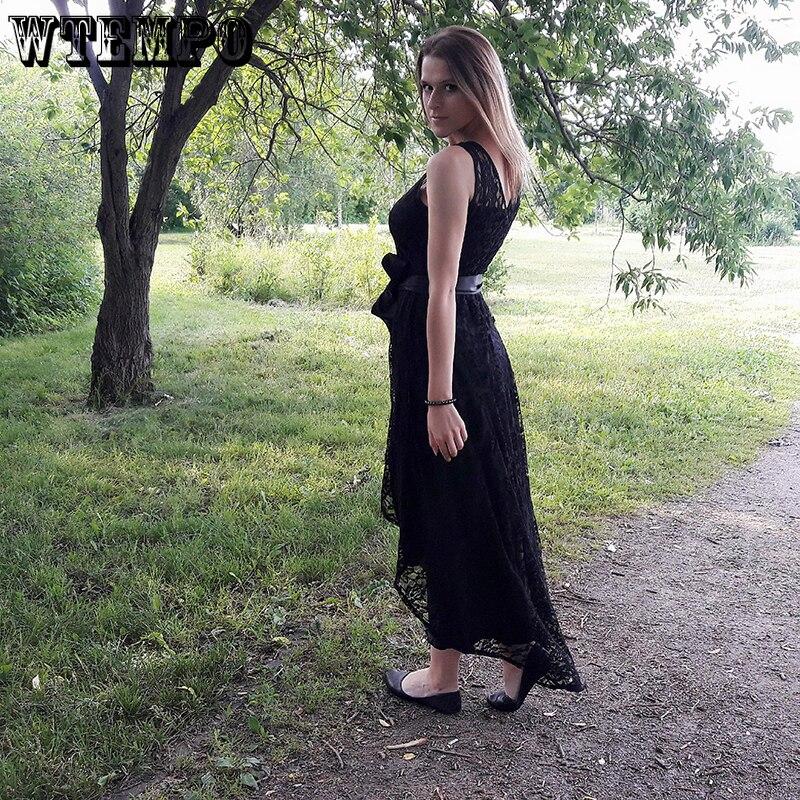 Women Summer Lace Dress with Belt Irregular Hem O Neck Sleeveless Sexy Black Long Dresses Back Zipper Vestidos