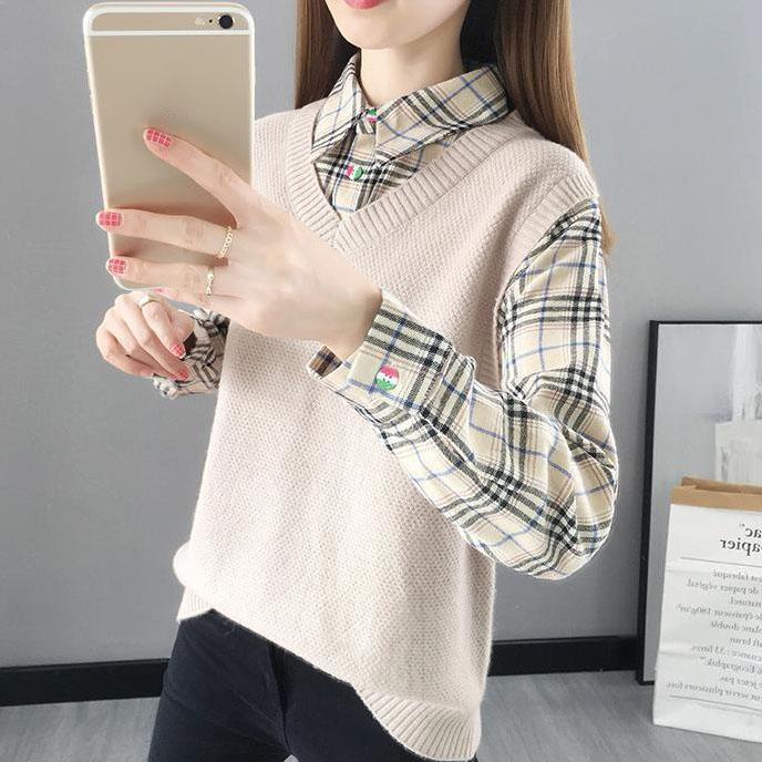 Women's Waistcoat Patchwork Knitted Tops Spring and Autumn Lapel Neck Large Size Tops Loose Casual Knitted Pullover