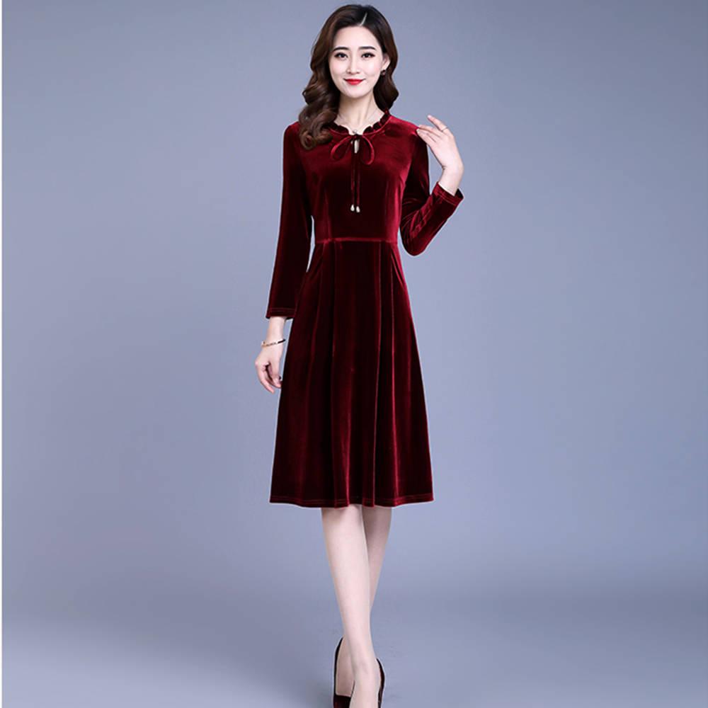 Dress autumn and winter retro temperament women's long-sleeved large size pleated A-line skirt