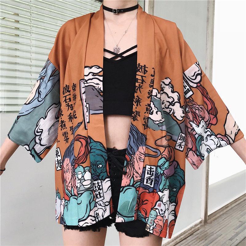 Comic Print  Cardigans Japanese Kimono Cardigan Woman Thin College Streetwear Sunscreen Clothes Kimono Coat