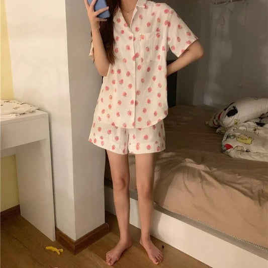 Women's Short-sleeved Pajamas Set Summer Small Floral Lapel Cute Homewear Two-piece Casual Loose Pajamas Set