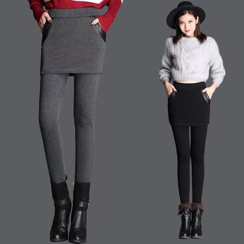 Anti-pilling Leggings for Women's Outer Wear In Autumn and Winter Plus Velvet Warm Feet Pants Stretch Fake Two High-waist Shorts Skirts