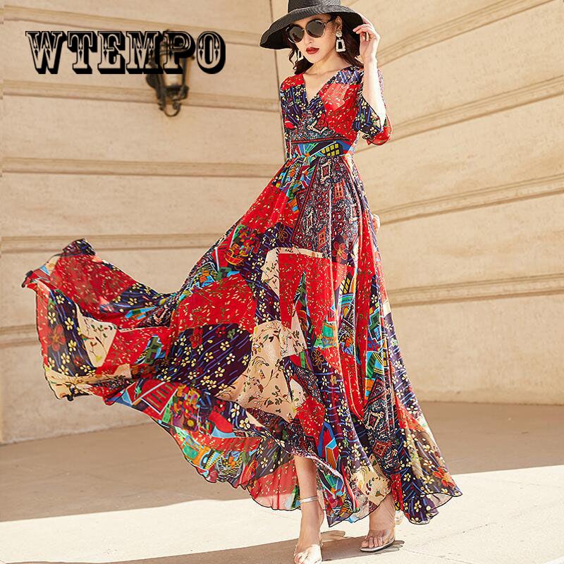 Women's Chiffon Short Sleeve Off-Shoulder Boho Beach Print Dress Vestido Women Casual Dress