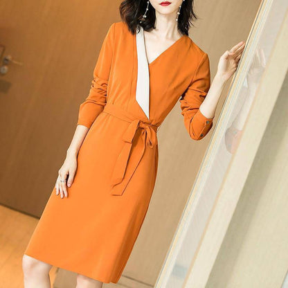 Autumn Dress Slim V-neck Short Women's Temperament Waistband Stitching Long-sleeved Dress