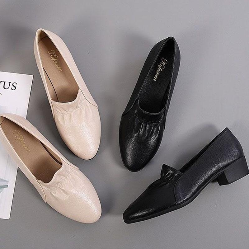 Single Leather Shoes Women's Flat Thick Heel Work Shoes Women's Shoes with Round Toe Soft Sole Mid-heel Work Shoes