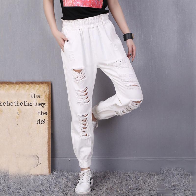 WTEMPO Women's Jeans Harem Pants Elastic Waist White Black Blue Ripped Jeans Women's Spring and Summer Cropped Pants Loose Trousers