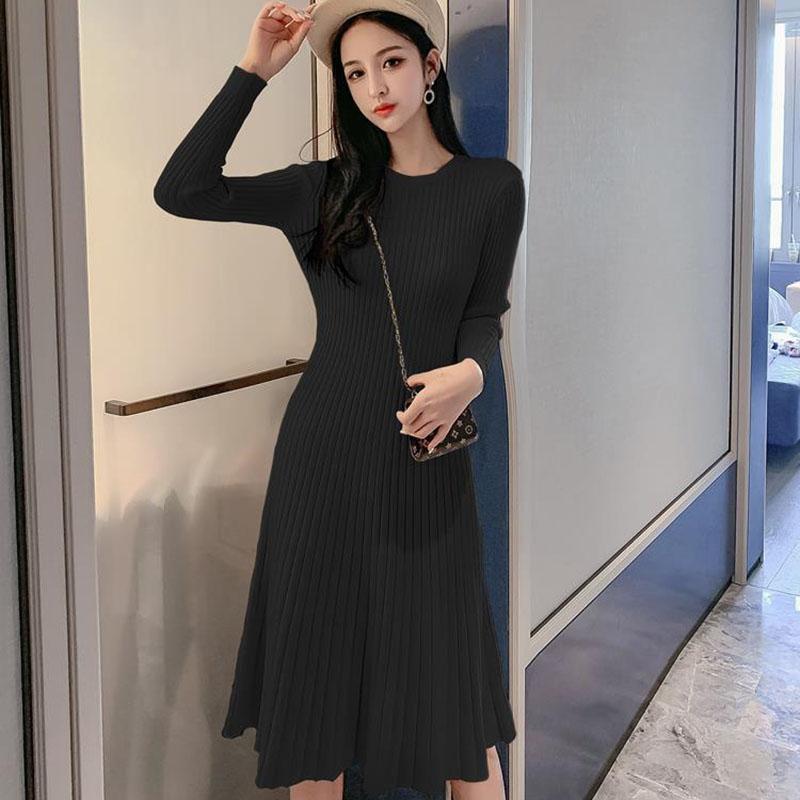 Autumn and Winter Knitted Casual Dress Mid-length Over-the-knee Long-sleeved Base Skirt Pure Color Simple Female Sweater Dress