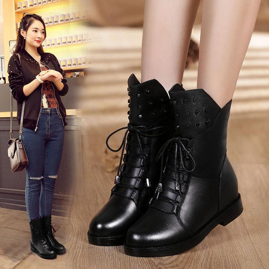 Genuine Leather Ankle Boots for Women Lace Up Platform Boots Women Winter Warm Plush Women Boots