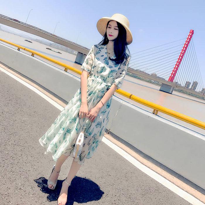 Pofulove Women Summer Floral Chiffon Dress Slim Short-sleeved V-neck A-line Beach Dresses