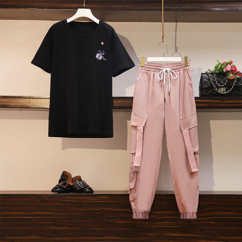 Large Size Suit Female Spring and Summer Loose and Thin Casual Two-piece Sports and Leisure Suit Cool Girl Adjustable Waist Size Two-piece Suit